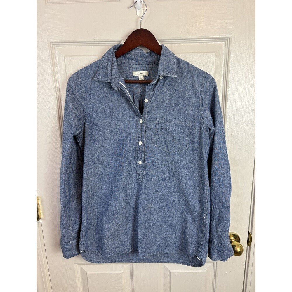J Crew 100% Cotton Denim Chambray Shirt Size 4 Quarter Long Sleeve - 456